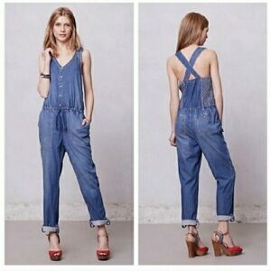 Anthropologie Holding Horses Denim Overalls Chambray Eyelet Jumpsuit Pockets